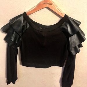 Black Crop Top with Leather Shoulder Ruffles